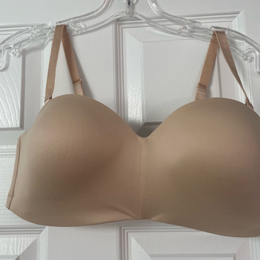 Wacoal strapless or use wide set straps, lightly lined cups, in sand color.
